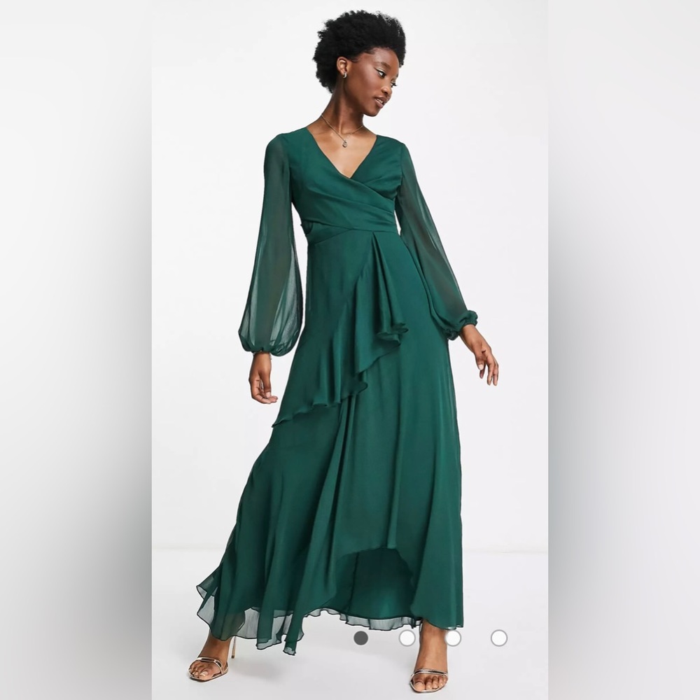 ASOS wrap waist maxi dress with double layer skirt in forest green